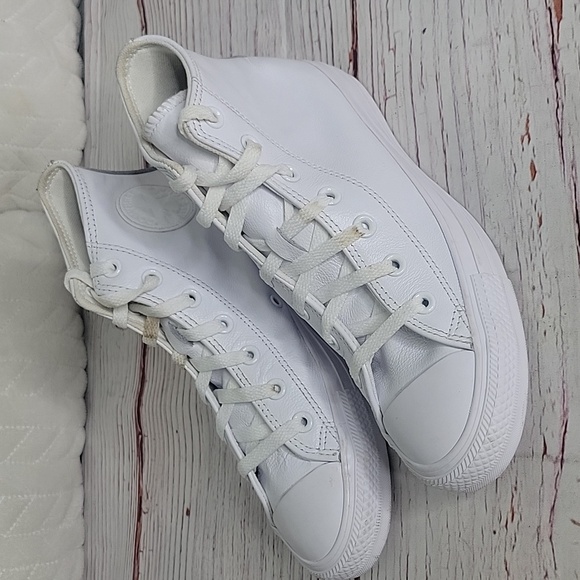 Converse All Star White Leather High Top Sneakers Women's Size 8 - Picture 7 of 11